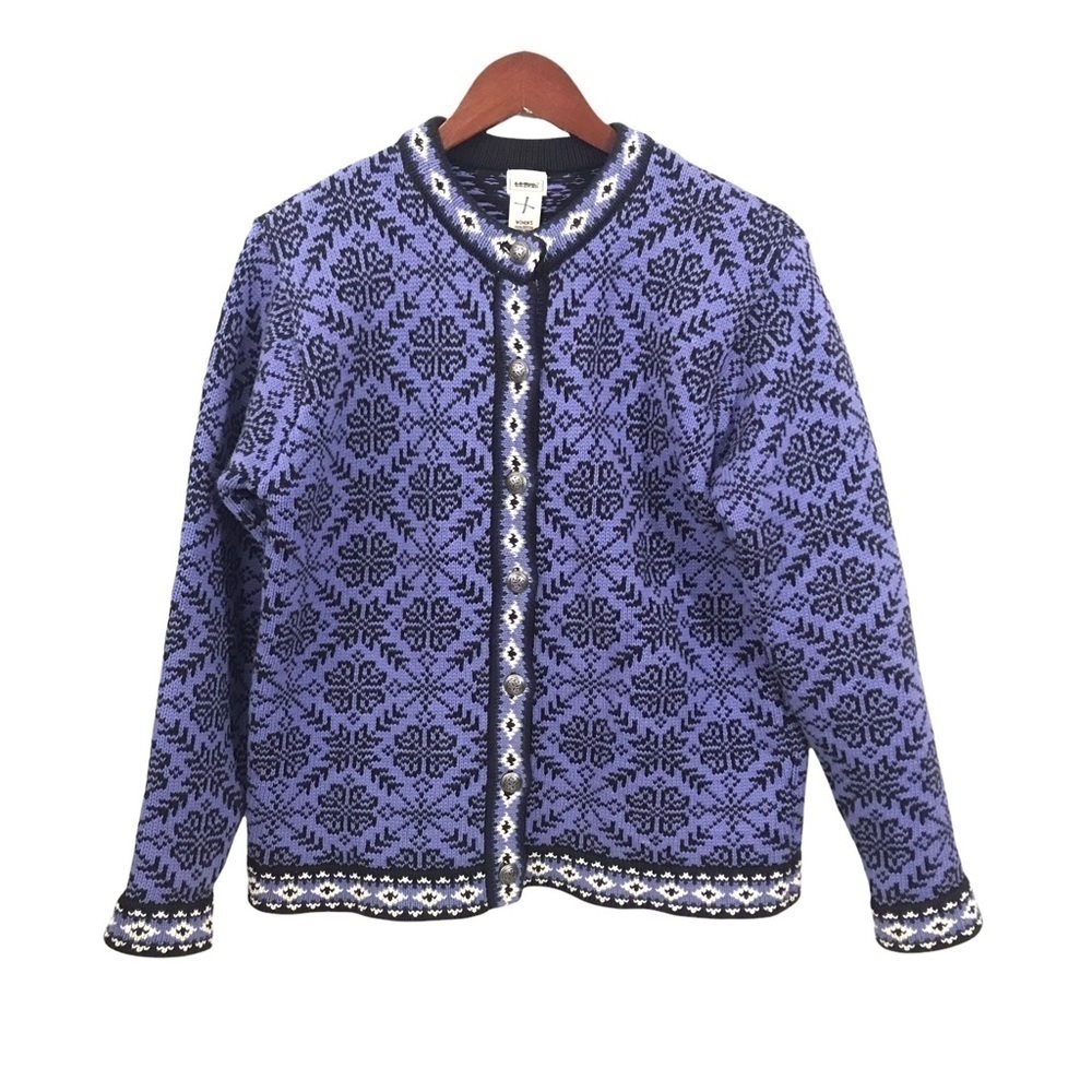 Vtg LL Bean Women Medium Purple Black Metal Button Fair Isle Snowflake Cardigan - Picture 3 of 12